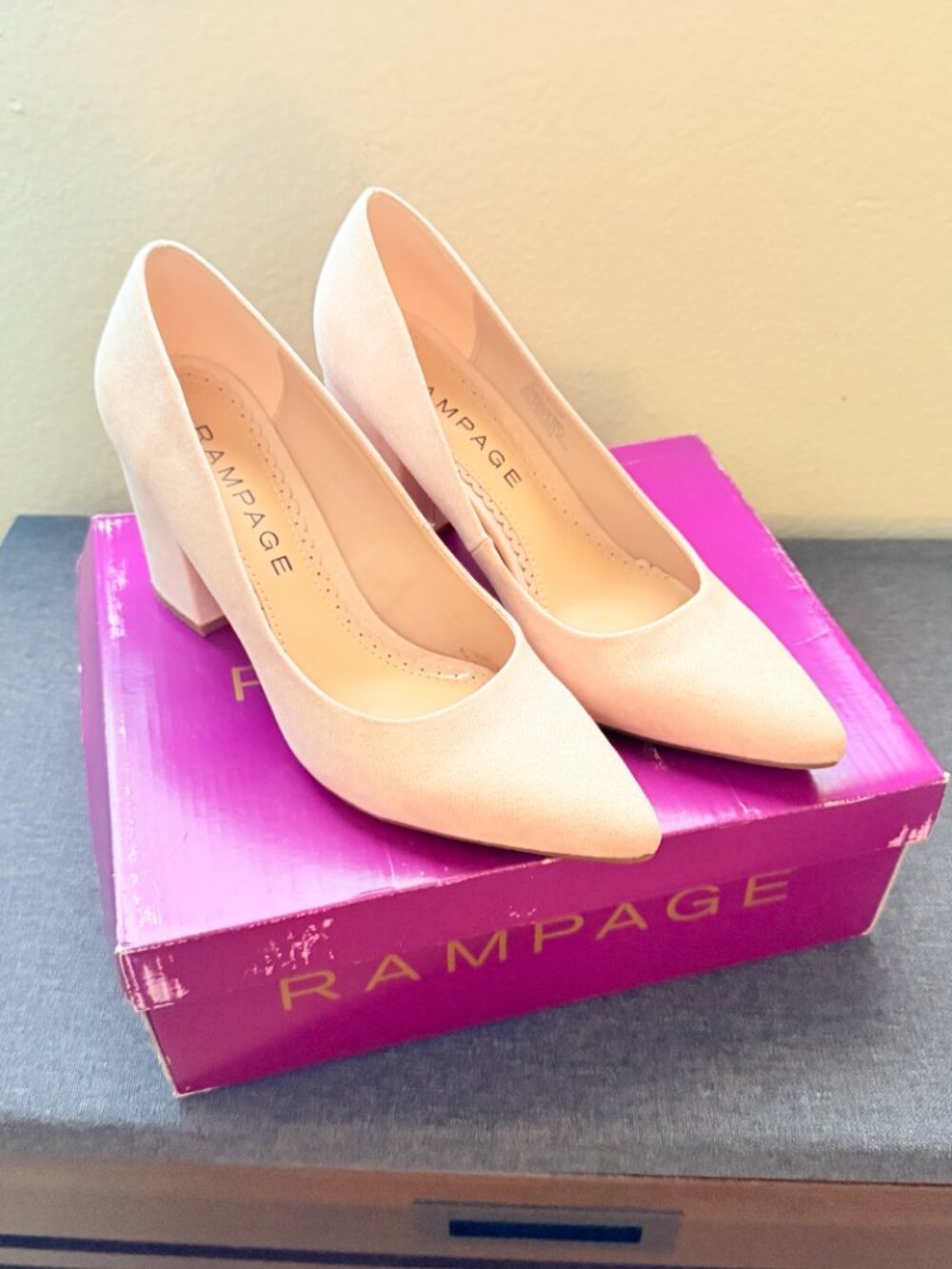 Rampage Bethie Nude Faux Suede Block Pumps